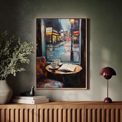 Tableau sur toile scène de café pluvieux affiche déco grand format 80x120cm