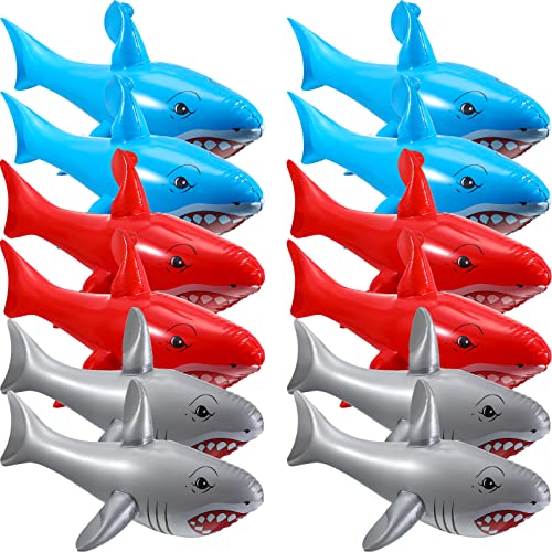 12 Pcs Summer Inflatable Shark 23.6'' Long Inflatable Animals Shark Pvc Blow Up Shark Toys Shark Party Decorations For Fun Water Beach Swimming Pool Ride Kids Adults Sea Birthday (Blue, Red, Gray) #TOP28