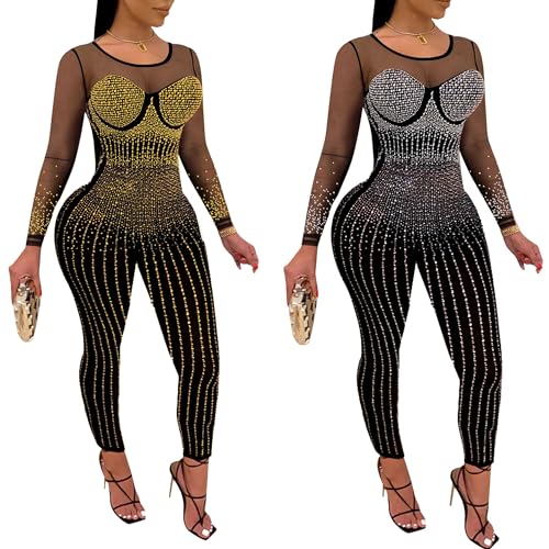 Image of Jigfar Women Sexy Embellished Rhinestone Bodycon Jumpsuit Mesh See Through Patchwork Birthday Party Night Out Clubwear