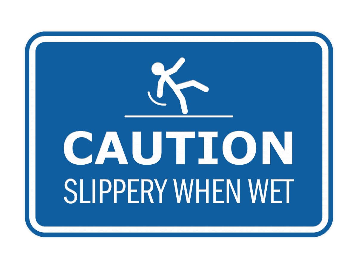 Signs ByLITA Señal de advertencia enmarcada clásica con texto en inglés "Precaution: Slippery When Wet Door or Wall Sign" de fácil instalación, salud y seguridad, construcción y advertencia (azul) -