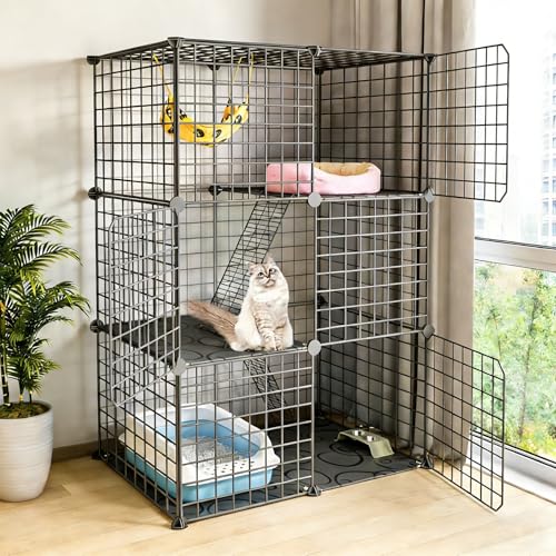 Large Cat Cage 3-Tier Cat Enclosure Indoor Pliable DIY Pet Playpen 49cm Width Detachable Metal Wire Kitten Kennel Crate House With 3 Doors 2 Ramp Ladders for 1-2 Cats Small Animals (Black)