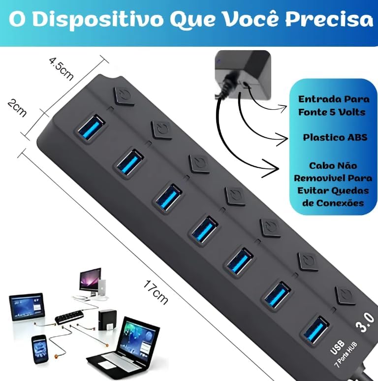 Hub USB 3.0 Com 7 Portas, Cabo USB Integrado, Botão Liga e Desliga Individual, LED de Sinalização, Conexão de Alta Velocidade (5Gbps), Compatível Com PC, Notebook, TV, Console, Tablet e Video Game