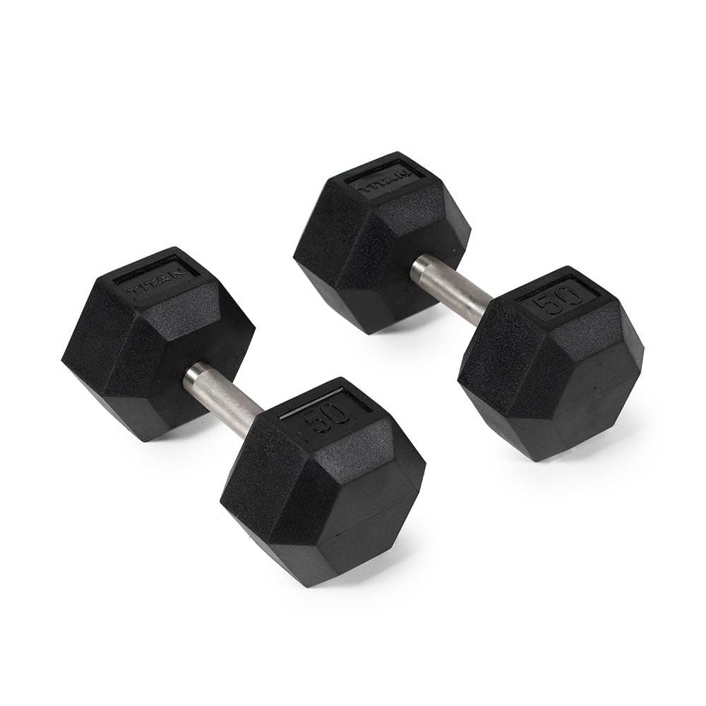Titan Fitness 50 LB Pair Free Weights Black Rubber Coated Hex Dumbbell Straight Stainless Steel Handle Strength Training
