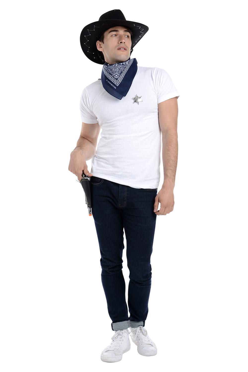Zac's Alter Ego Fancy Dress Unisex 4 Piece Cowboy Set, Black Hat, Navy Blue Bandana