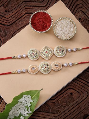 Image of Sukkhi Rakhi Traditional Kundan & Pearls Designer Meenakari Gold Plated Premium Rakhi for Brother with Roli Chawal & Greeting Card | Rakhi for Brother /Bhaiya /Bhai /Men|Rakhi Combo-Set of 2