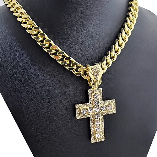 Full Iced Gold Plated CZ Holy Cross Bling Pendant & 10mm 18" 20" 24" 30" Cuban Chain Hip Hop Rapper Jewelry Necklace3
