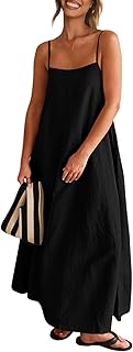 Women's Linen Dress Summer Loose Flowy Sundress Contrast Spaghetti Strap...