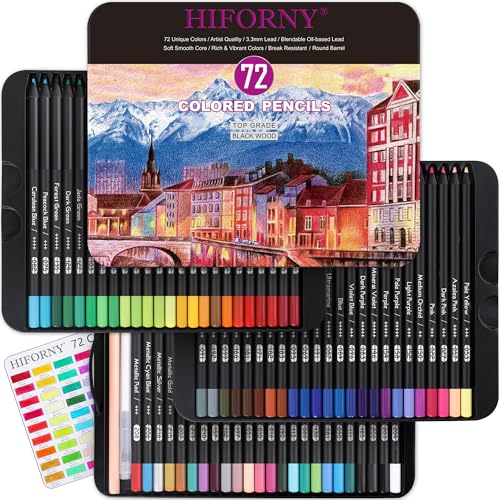 HIFORNY 75 Premium Black Edition Colouring Pencils for Adults - 72 Colouring Pencils Artist Soft Core Drawing Pencils Craft Accessories for Adults Beginners