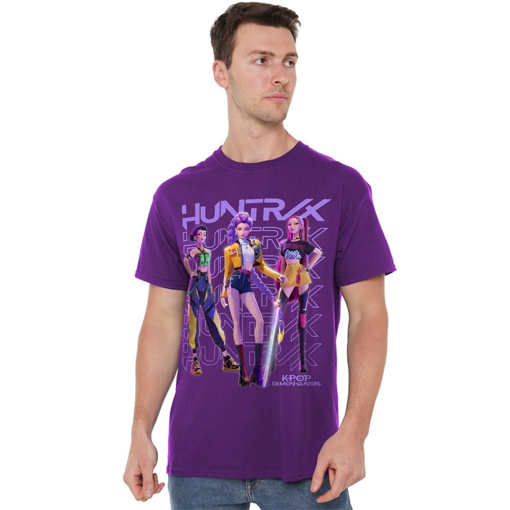 Kpop Demon Hunters Unisex Purple K-Pop Demon Hunters - Huntrix Huntr/X Golden Trio Pose T Shirt, Small