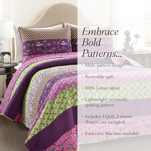 Image of Lush Decor Royal Empire Reversible Cotton Quilt Set, 3 Piece Set King, Plum - Striped Bedding Set - Floral Quilt King Size - Purple Bedding - Boho Decor