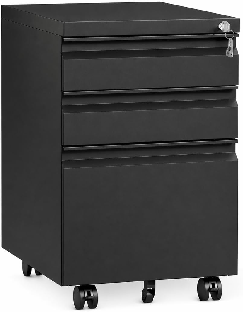 3 Drawer Filing Cabinet, Mobile Metal File Cabinet with Lock for Home Office, Under Desk Fully Assembled Organizer Storage for Letter/Legal/A4, Heavy Duty