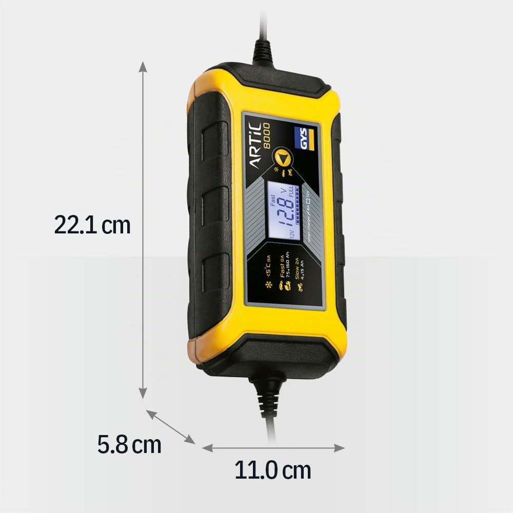 GYS - Artic 8000 – Chargeur de Batterie Inverter – (12V) 2/8 A – Idéal Voitures Citadines, Motos, Jet-Skis et Véhicules de Collection – Livré avec Pinces et Cosses de Connexion