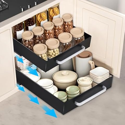 Likiyol 2 Pack Pull Out Drawers for Cabinets, Slide Out Drawers for Kitchen Cabinets with Handle, Adhesive Pull Out Cabinet Organizer, Cabinet Organizer Pull Out Drawer for Pantry, Kitchen, Black Cover