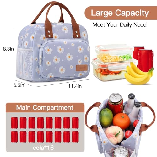 Yotrone Lunch Bag Women,Insulated Lunch Box Lunch Bag for Women Men Work Adult Cute Small Lunch Tote Bag, Large Capacity Reusable Cooler Containers for Travel Picnic Office or Beach(Blue Daisy)