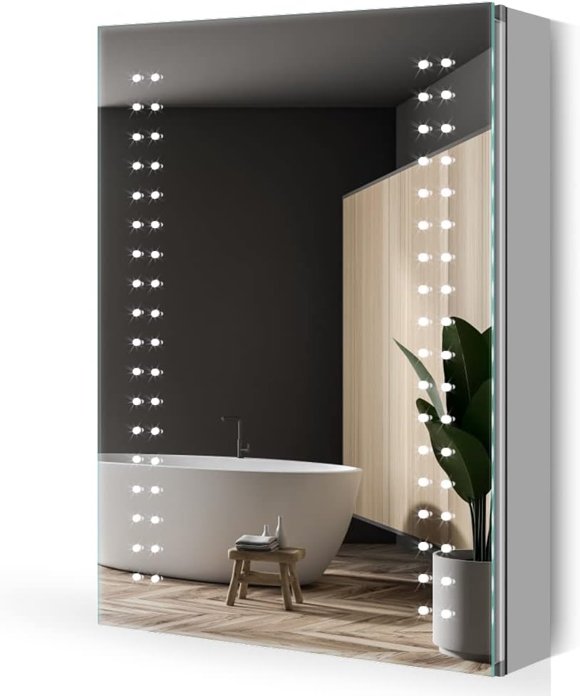 Quavikey® LED Bathroom Mirror Cabinets with Shaver Socket, Wall Mounted Dimmable Bathroom Cabinet with Mirror and LED Lights, Adjustable Shelf, Built-in Demister, Aluminium 500x700