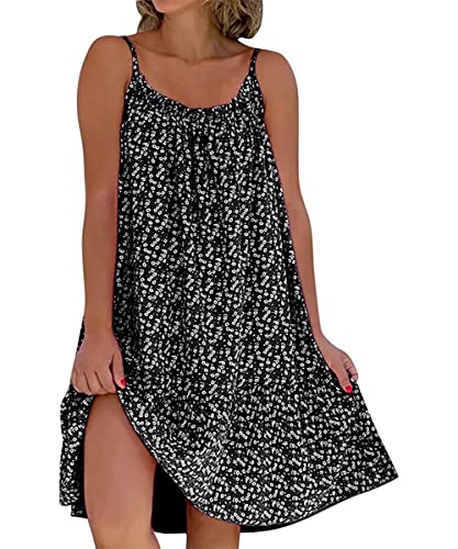 GRMLRPT Robe de Plage Femme Robe Fleurie Bohème Bretelles Spaghetti sans Manche Casual Ete Femme Mi-Longue Robe Col Rond Chic(Noir,L)