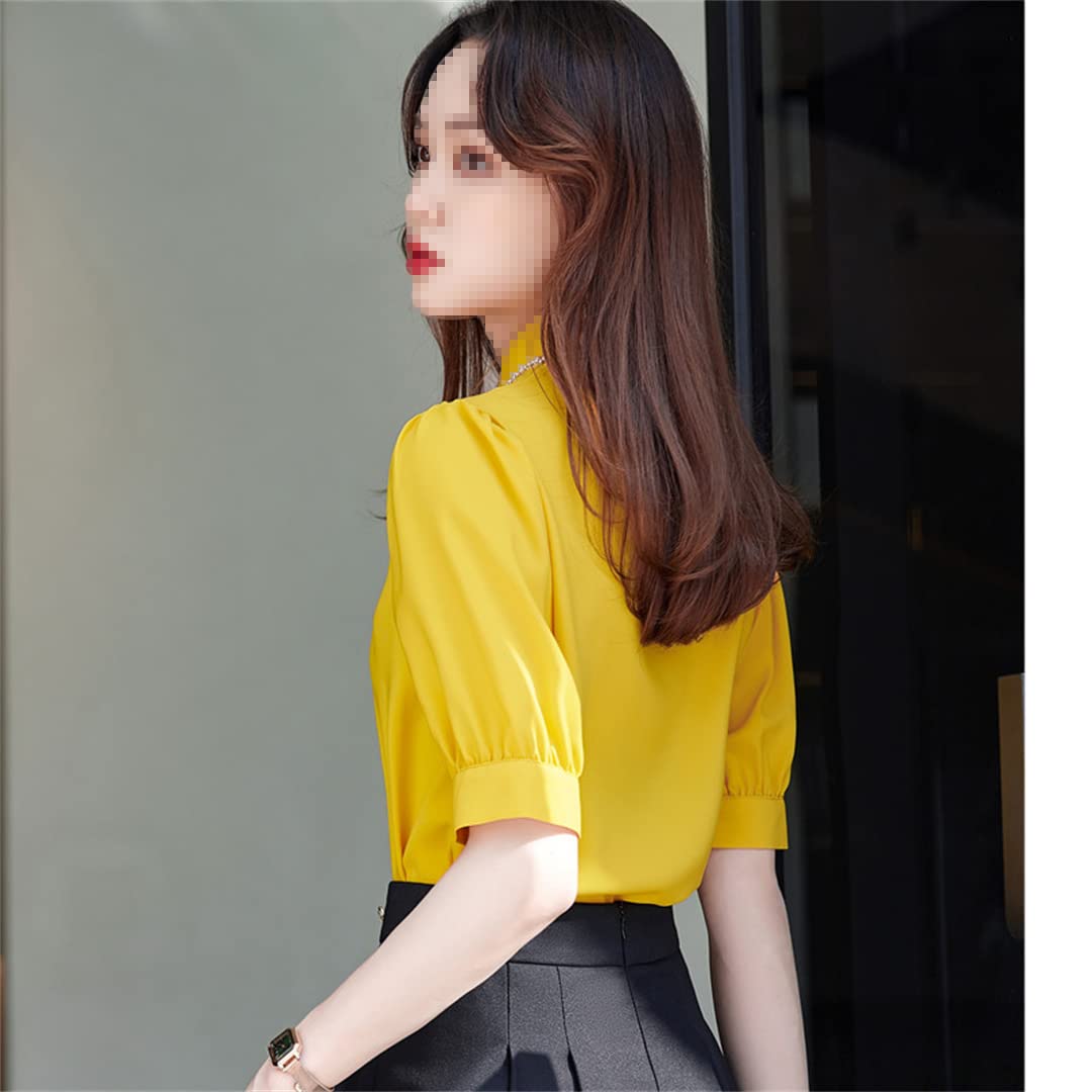Camisa con Botones para Mujer, Manga Corta, Cuello en V, Blusa de Negocios, Blusas de Gasa Informales de Verano Yellow S