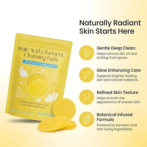 Image of Kojic Acid and Turmeric Cleansing Pads for Face - Foaming Exfoliating Pads with Vitamin C, Vitamin B5 & Chamomile - 60 pc Dark Spot Removal, Skin Brightening & Deep Pore Cleansing Pad (Pack of 1)