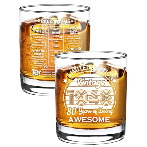 Old Fashioned Glasses-1946-Vintage 1946 old time information 10.25oz Whiskey Rocks Glass -80th Birthday Aged to Perfection - 80 years old gifts Bourbon Scotch Lowball Old Fashioned-1PCS