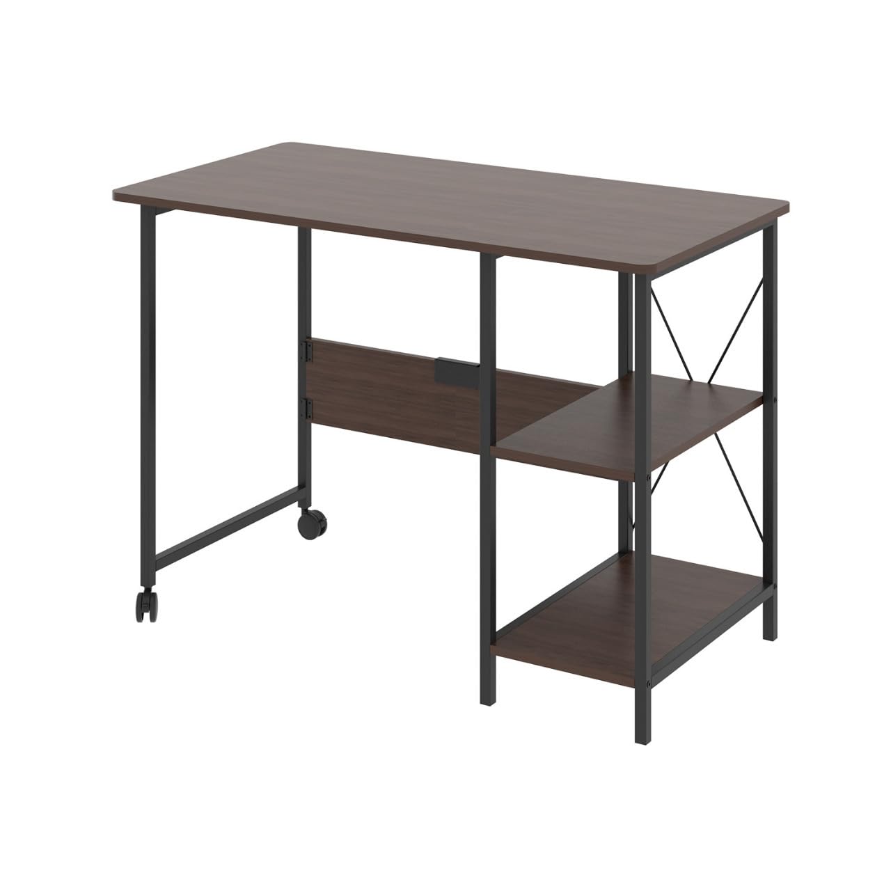 Maclean MC-411 Escritorio Plegable Loft con Tablero y Dos Estantes, Mesa de Trabajo para Ordenador, 2 Ruedas, Carga máx. 150 kg, Dimensiones: 107x45x75 cm (Nogal)