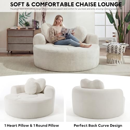 Image of Oversized Round Chair Lounge Chaise Indoor, 54.3 inch Upholstered Corduroy Deep Seat Single Cloud Sofa Chair with Heart-Shaped Pillow Modern Large Circle Boneless Couch for Living Room, Beige White