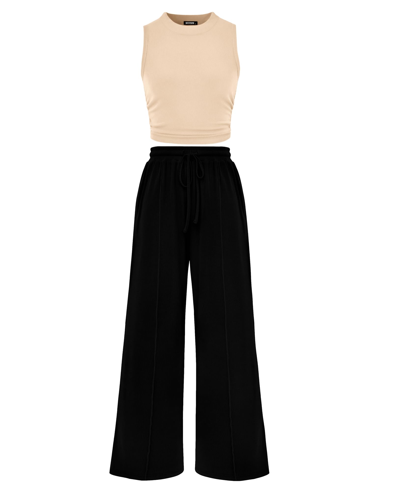 BTFBM Women Summer 2 Piece Outfits 2025 Beach Crew Neck Sleeveless Cropped Top Elastic Waist Wide Leg Pants Lounge Set