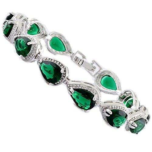 Rizilia Tennis Bracelet & Pear Cut Cz [Simulated Green Emerald] In White Gold Plated, 7" #TOP13