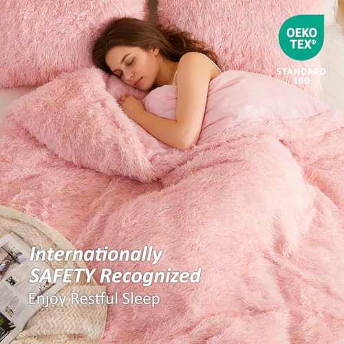 Image of EMME Luxury Fuzzy Duvet Cover Set King Size Fluffy Comforter Cover Set for King Bed Shaggy and Plush Soft Bedding Duvet Covers (Pink, King)
