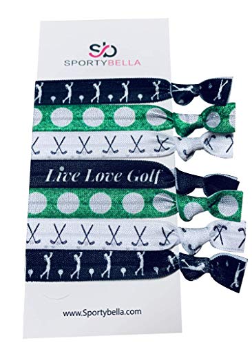 Sportybella Girls Hair Ties for Golf Accessories, 7 Count - Hair Elastics with Golf Club Design, No Crease Hair Ties for Female Golfers - Green, Black