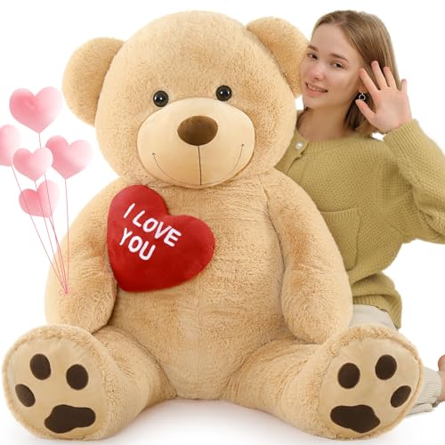 MorisMos 130cm Oso Peluche Gigante con I Love You, XXL Marrón Claro Osito de Peluche Grande, Kawaii Teddy Bear Regalos para Niños Novia Cumpleaños San Valentín Decoración