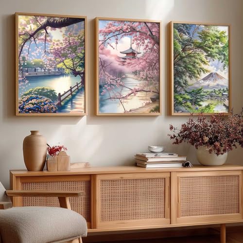 Image of kotart Big Aesthetic Japanese Nature Art View Framed Poster | Mount Fuji Wall Framed Posters for Living Room Bedroom Wall Decor Set Of 3 (19X25 inch)