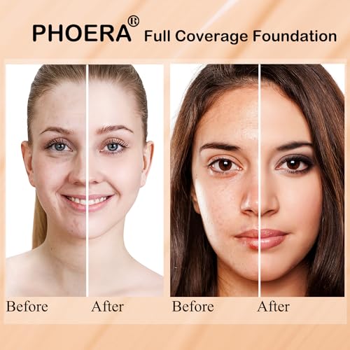 Hilareco 699747132374 Phoera Foundation 104 And 105 & Face Primer,Liquid Full Coverage Foundation Set,Foundation Brush Powder Brush,5 Makeup Sponge,30Ml Phoera 24Hr Matte Oil Control Concealer thumb #3