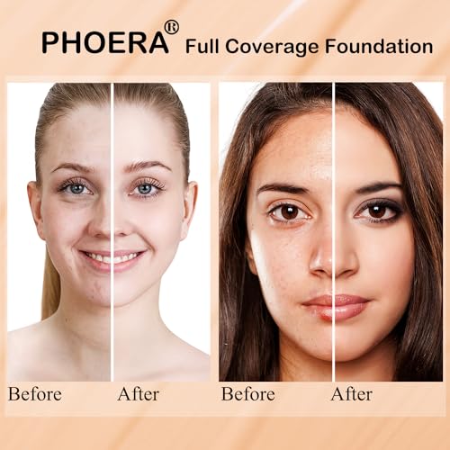 2 PCS PHOERA Foundation Full Coverage Foundation PHOERA Primer,Kabuki Makeup Brushes Foundation Brush Powder Brush,5 Makeup Sponge,30ml PHOERA Matte Oil Control Concealer (102 Nude +104 Buff Beige)