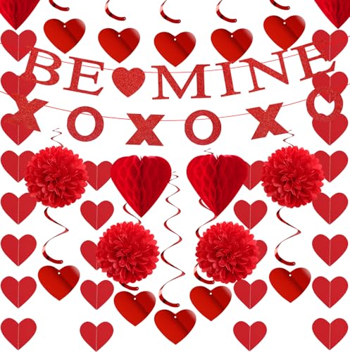 Image of Valentines-Day Decorations Red-Heart Garland Galentines-Decor - 24pcs Tissue Paper Pom Poms Streamers Swirl,Be Mine Xoxo Banner,Love Romantic Special Night Anniversary Party Hanging Lasting Surprise