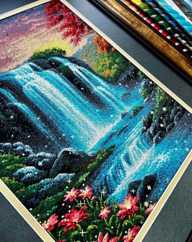 Image of RIOLIS - Magical Waterfall 2274, Nature Cross Stitch Kits 11 inchx15, Cross Stitch Kits for Beginners & Advanced, Crossstitching Kit Adult, Embroidery Counted Stitching Kit