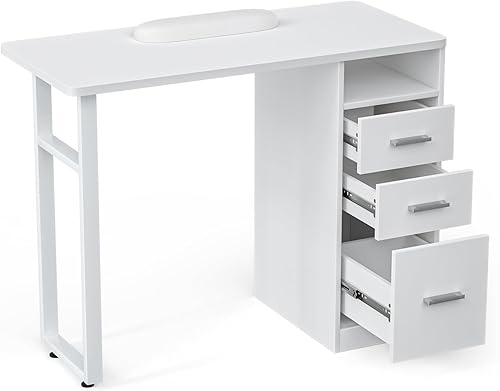 Escritorio profesional de salón de uñas blanco con cajones para tecnología de uñas, mesa de manicura resistente a acetona, estación de belleza de