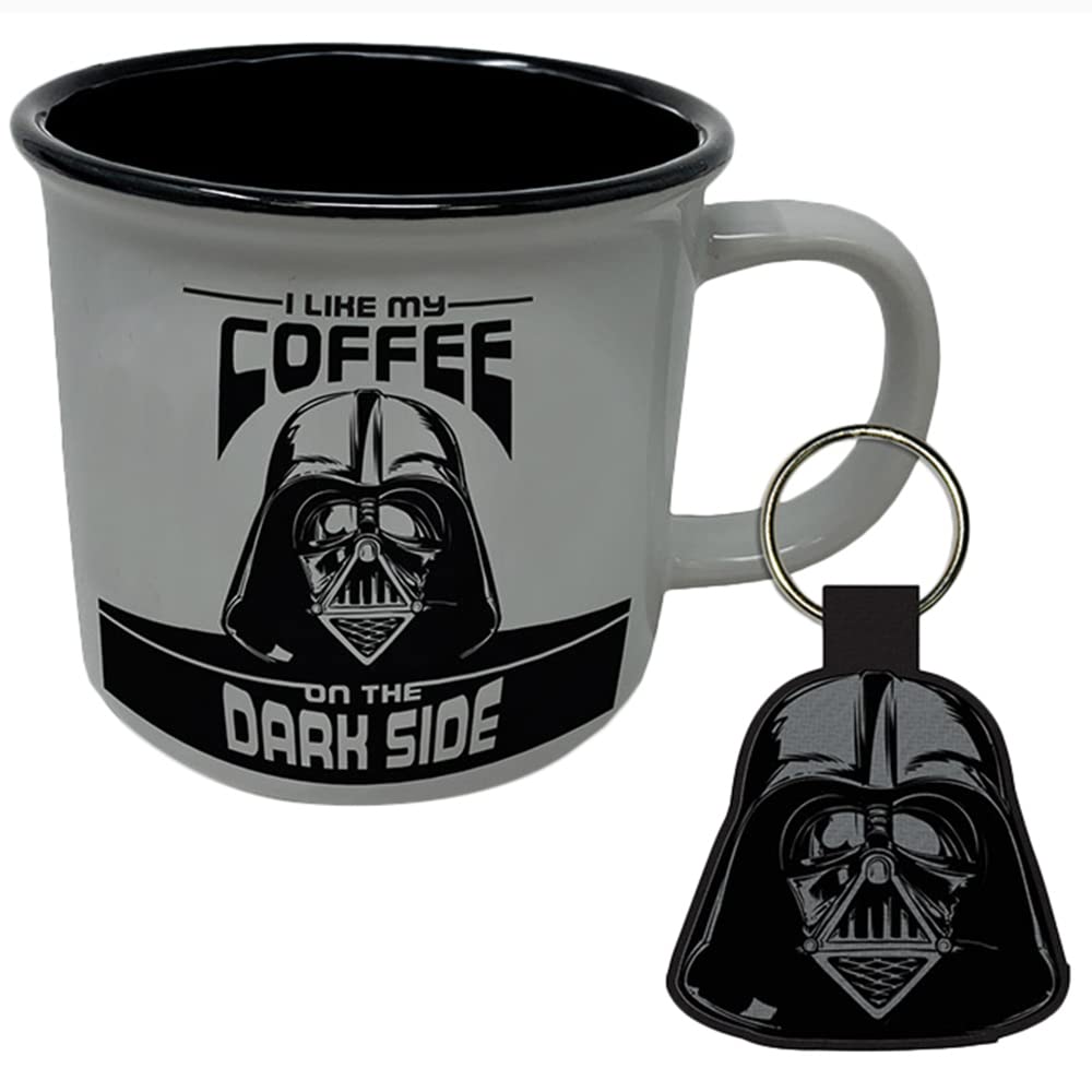 Star Wars Darth Vader Mug and Keyring Set in Presentation Gift Box (Coffee Dark Side Design) 11oz Ceramic Campfire-Style Mug and Woven Key Fob - Official Merchandise, Black