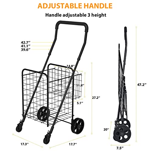 Siffler Shopping Cart With 360° Rolling Swivel Wheels For Groceries Utility Shopping Cart With Double Basket Folding Portable Cart Saves Space With Adjustable Handle Height For Grocery Laundry Luggage #TOP5