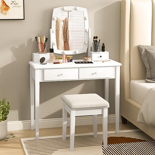 GOFLAME Vanity Table Set with Rotatable Lighted Mirror, 2-in-1 Makeup Table Writing Desk with 3-Color Dimmable LED Lights, 4 Drawers, Dressing Table with Cushioned Stool for Bedroom (White)