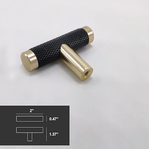 Miniatura 2 de Paquete de 10 pomos en T de gabinete de 2 pulgadas para tiradores de cajón, acabado de oxidación dorado y negro con patrón de diamante