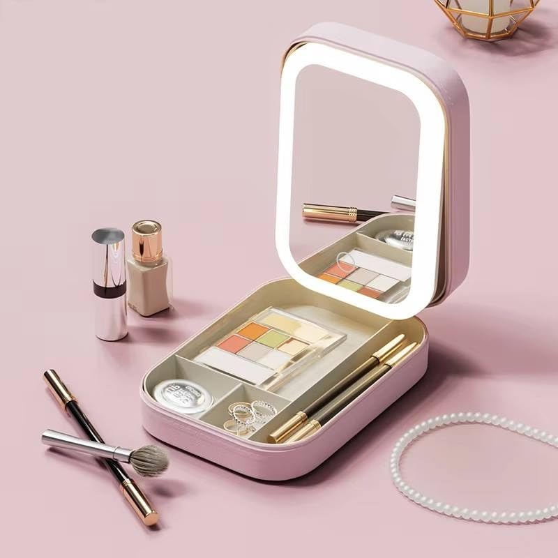 Image of PRIMIT LED Travel Jewelry Case and Makeup Bag with Mirror, Dust-Proof Jewelry Box, 10 Sealed Jewelry Bags - Compact Cosmetic Mirror Case for Women Girls Travel Essentials (Makeup Artist Girl)