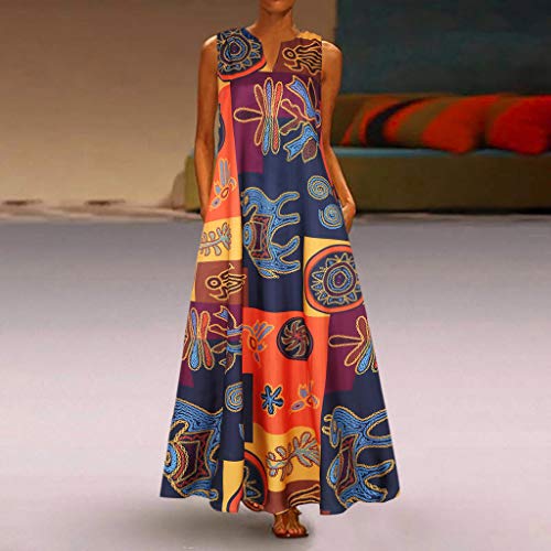 Witspace Women Plus Size Print Daily Casual Sleeveless Vintage Bohemian V Neck Maxi Dress - Thumbnail 6