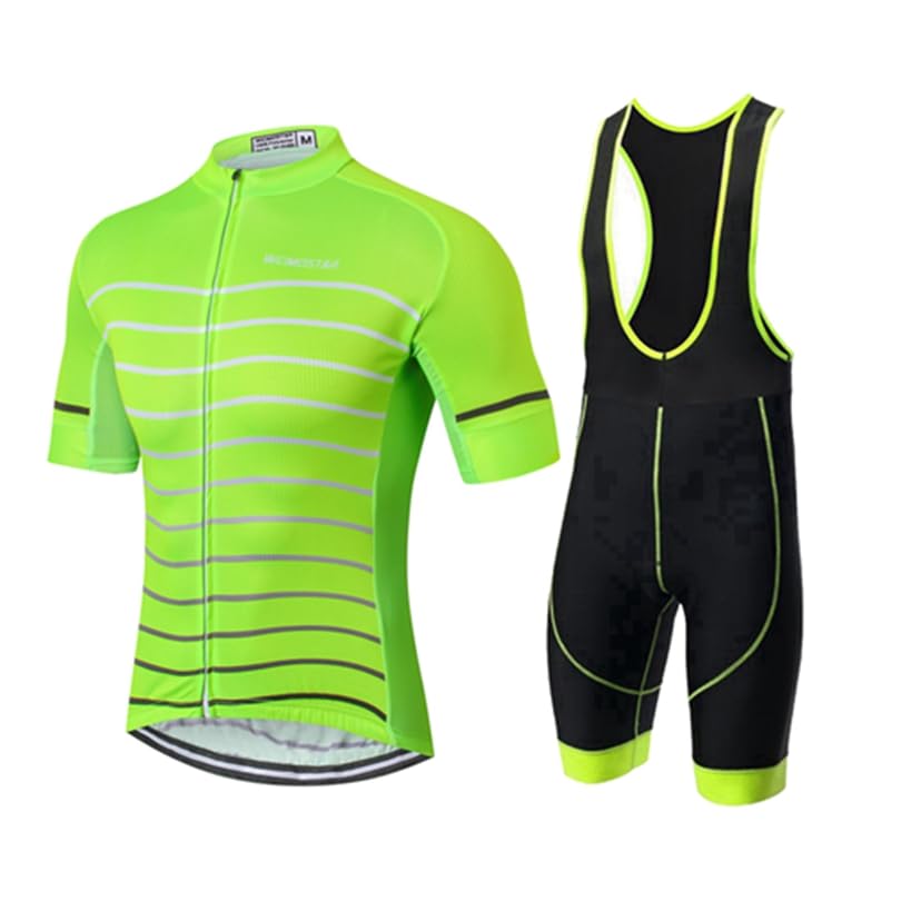 Men's Cycling Jersey Short Sleeve with Padded Bib Shorts Quick-Dry Summer Short Bike Clothing Bicycle Shirts Pants Set Fluorescent Green XL