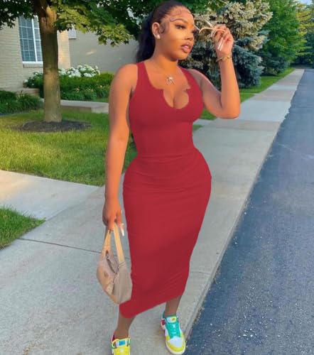 Image of Nimsruc Women Casual Sexy Deep U Neck Tank Top Bodycon Dress Summer Sleeveless Wrap Long Basic Party Club Maxi Dresses