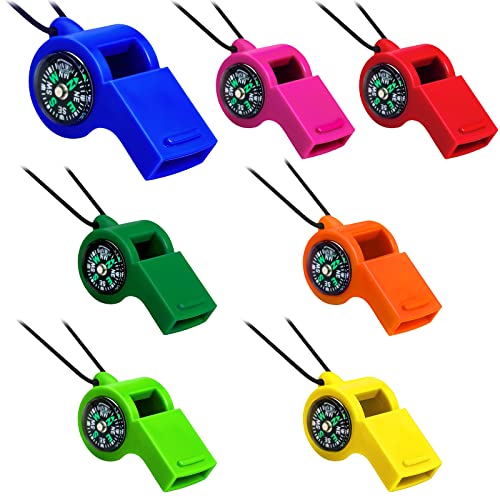 7 Pcs Function Whistle 2 in 1 Emergency Whistles with Compass Survival Whistle Loud Safety Whistle Plastic with Lanyard for Outdoor Hiking Camping Boating Hunting Fishing, 7 Colors