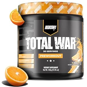 REDCON1 Total War Preworkout – Contains 320mg of Caffeine from Green Tea, Juniper & Beta Alanine – Pre Work Out with Amino Acids to Increase Pump, Energy + Endurance (Orange Crush, 30 Servings)