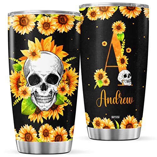 Personalized Initial Coffee Tumbler Skull Sunflowers Travel Mug With Lid Custom Name Inspirational Quote Birthday Gifts For Women Teenagers Insulated Cups Stainless Steel Tumblers