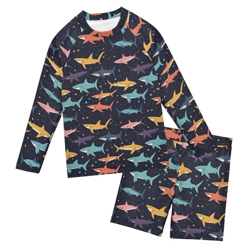 Cute Shark Boys Rash Guard Swimsuits Set for Boys Long Sleeve Swim Shirts Bathing Suits with Trunks B0404967