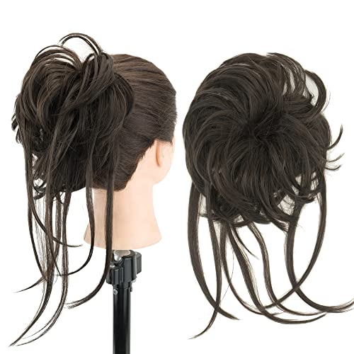 IMISSU 2PCS Messy Hair Bun Piece Updo Long Scrunchies Wrap Ponytail Extension Wavy Hairpieces Chignon Headband (2PCS Brown)