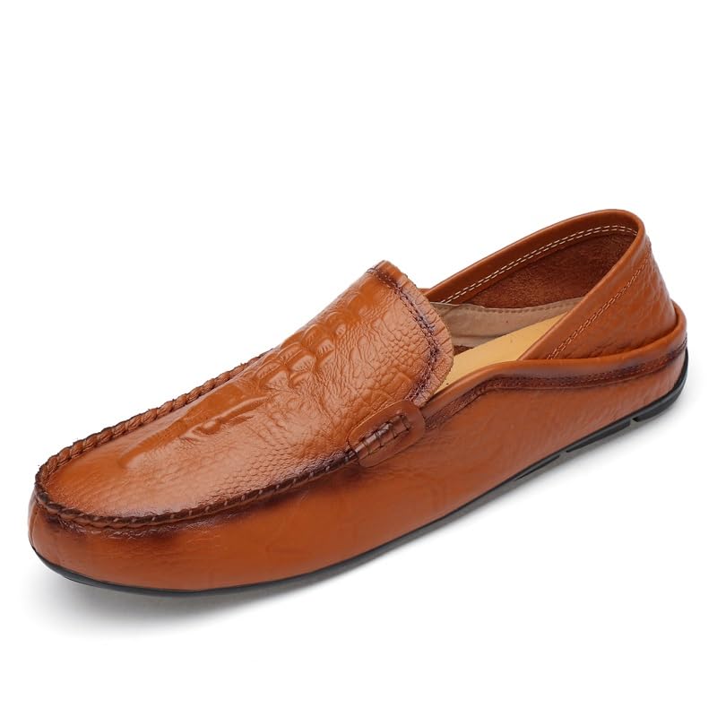 Mens Loafers Shoe Round Toe Solid Color Crocodile Print Leather Loafer Shoes Flat Heel Comfortable Flexible Fashion Slip-on